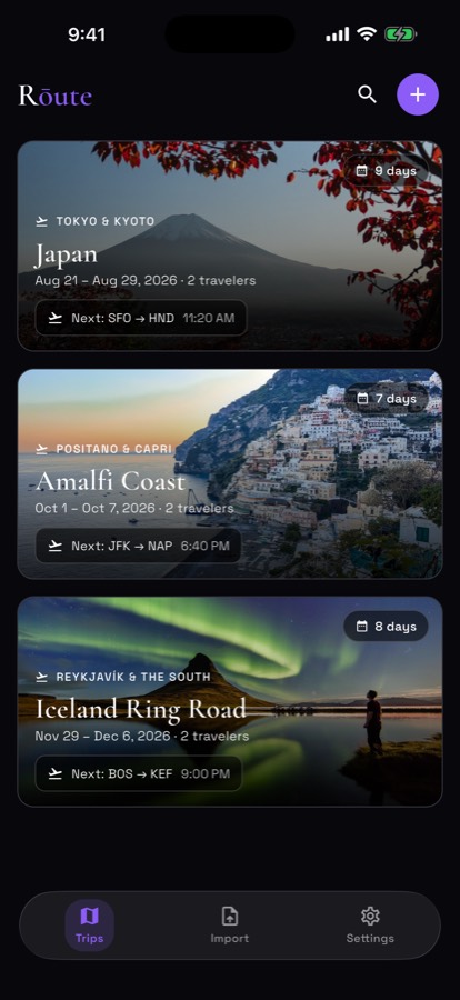 Rōute's trip list with cover photos and dates for each saved trip.