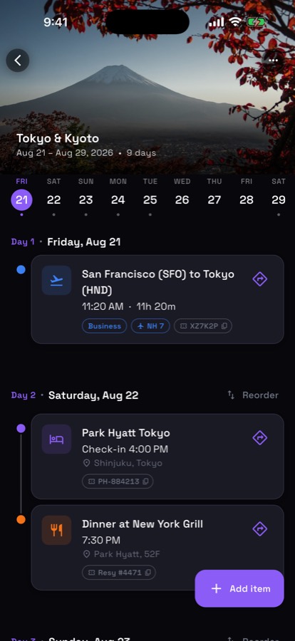 A day-by-day itinerary in Rōute with flights, hotels, and activities in order.