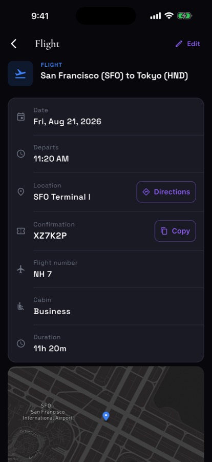 An itinerary item's detail screen with a map, address, and confirmation number.