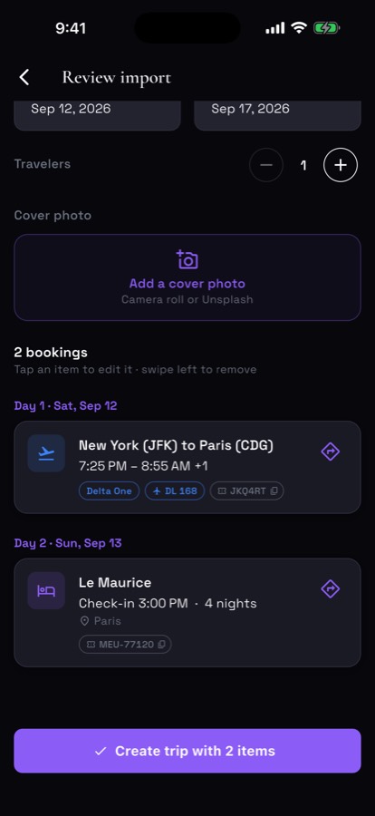 Rōute's import review screen showing a parsed booking confirmation: airline, flight number, times, and confirmation number pulled out automatically.