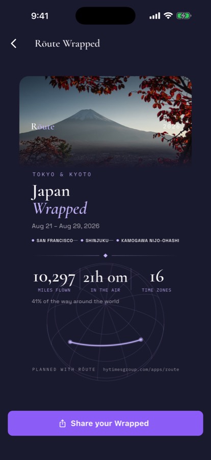 A Rōute Wrapped recap card showing the trip's route, days, and miles flown.